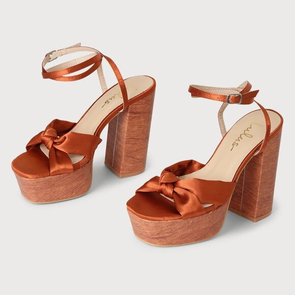 New NIB Lulu's Luciano Copper Satin Wooden Block Heel Fall Wedding Shoes Size 11 - Picture 2 of 2